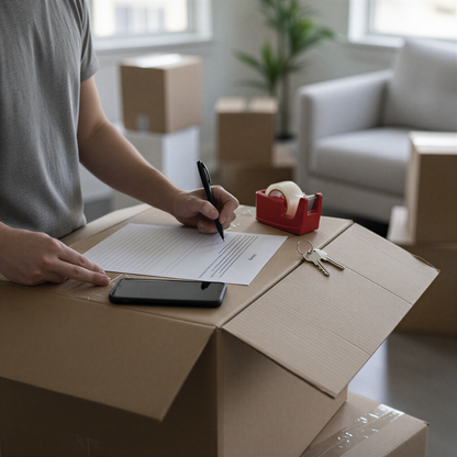 A person is sitting at a desk, writing on a piece of paper while surrounded by moving boxes and other items, such as a red tape dispenser and a black smartphone.